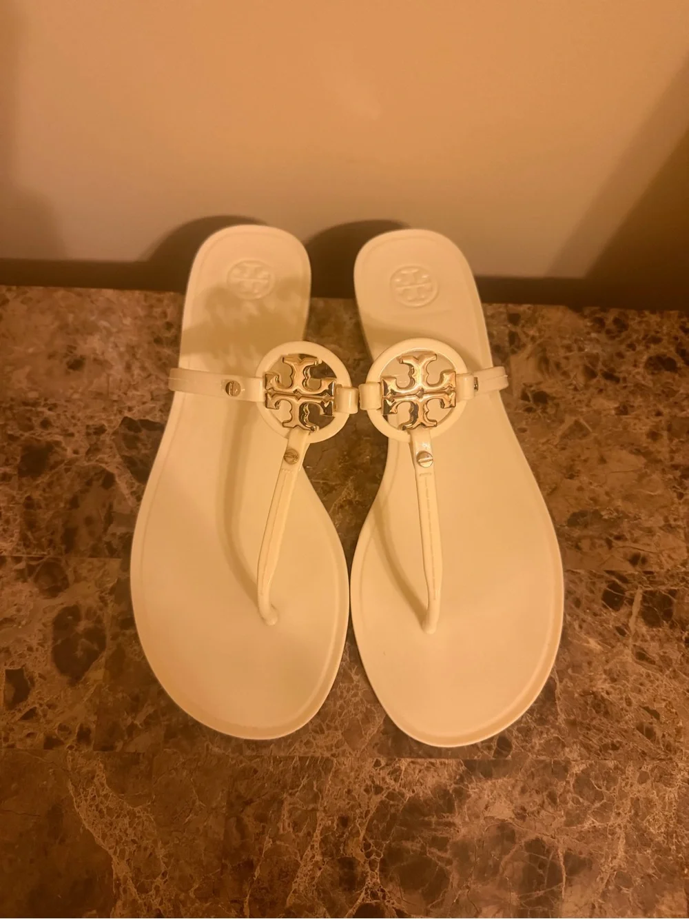 Tory Burch Cream Miller Metal-Logo Thong Sandals